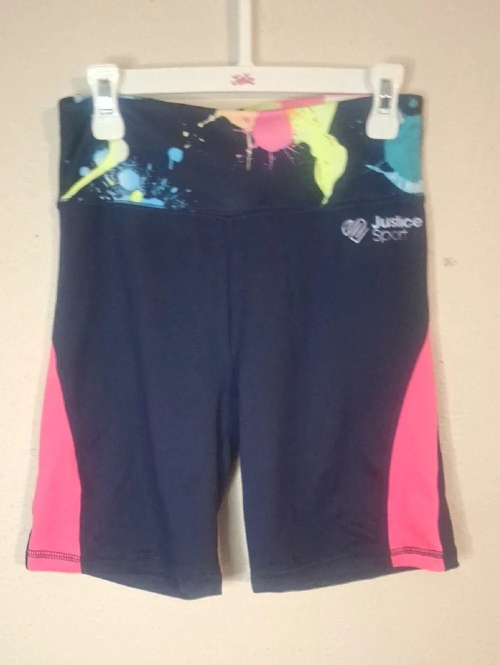 Justice Navy Tank & Shorts Set with Neon Paint-Splash and Pink Trim Large 12-14